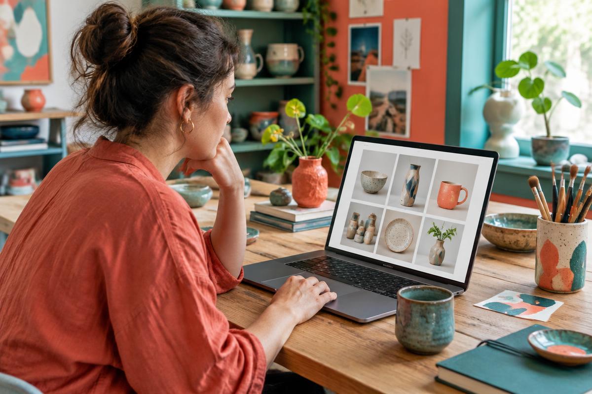 Independent ceramic artist working on her online shop in a colorful studio